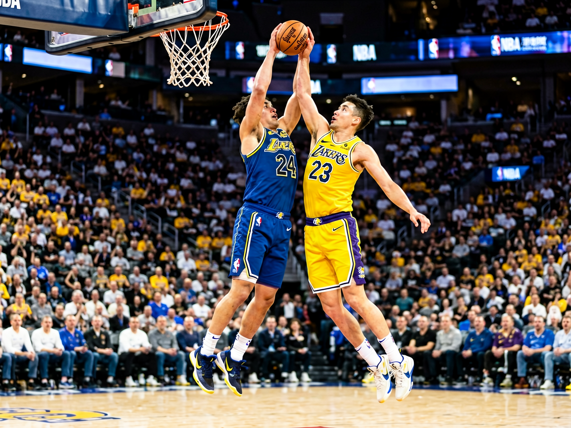 NBA季后赛激烈对抗场景，球员空中对抗上篮