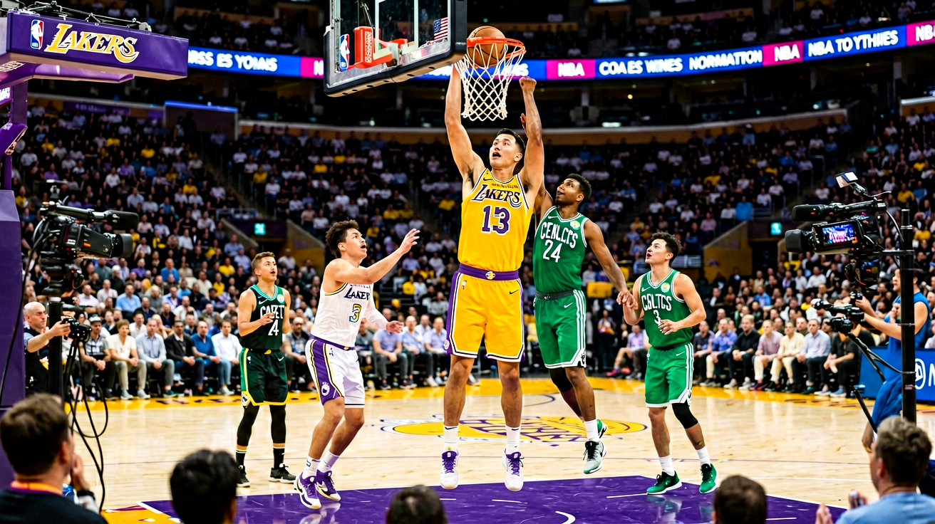 NBA常规赛湖人对阵凯尔特人的精彩比赛瞬间，球员扣篮得分